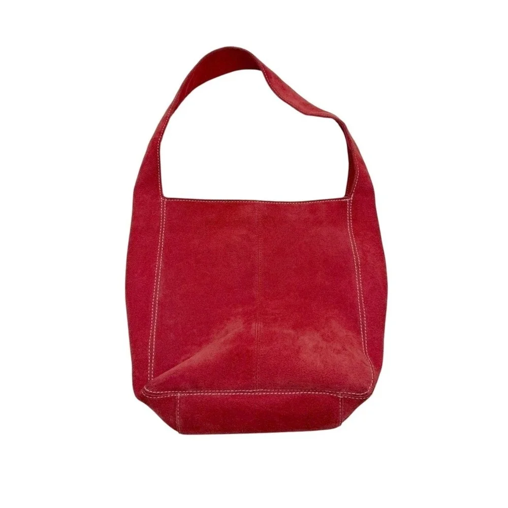 VTG 2002 Old Navy Red Suede Leather Shoulder Bucket Bag Womens Y2K Boho Indie